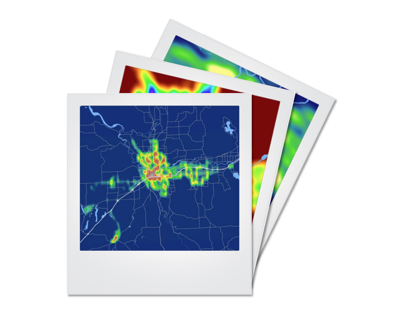 Three overlapping maps display heatmap data. The top map shows a city layout with various color intensities indicating data concentrations, mainly in the central area. These visualizations are part of Connect Spokane: A Comprehensive Plan for Public Transportation, showing different scales of intensity below.