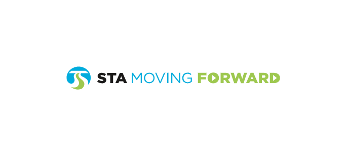 Logo with a circular emblem on the left, featuring a design with the letters "S" and "T" overlapping in blue and green. To the right, the text reads "STA MOVING FORWARD" with "STA" in black, "MOVING" in blue, and "FORWARD" in green.