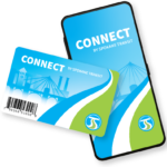 Illustration of a smartphone displaying the CONNECT by Spokane Transit app and a physical CONNECT transit card. Both show a blue and green design with white curves and feature symbolic images of Spokane landmarks. The card includes a barcode and the Spokane Transit logo.