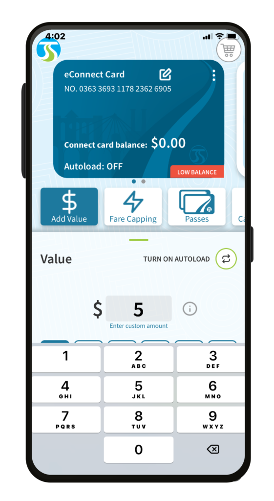 A smartphone screen displays a public transport app showing a virtual eConnect Card with a balance of $0.00 and an autoload option turned off. Below are options to add value, check fare capping, and purchase passes. A numeric keypad is visible for entering a custom amount.