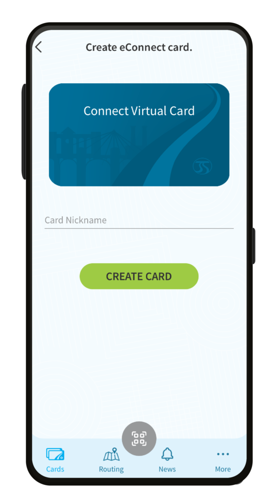 A smartphone screen displays a virtual card creation app. The screen shows a "Connect Virtual Card" header with a blank field labeled "Card Nickname." Below is the green "CREATE CARD" button. At the bottom are icons labeled Cards, Routing, News, and More.