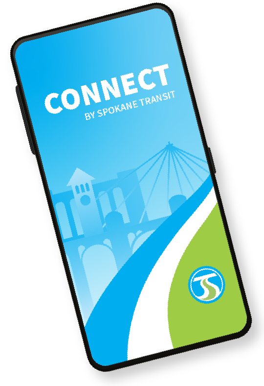 Smartphone screen displaying the "Connect by Spokane Transit" app with a background image of a bridge, blue sky, and a green swoosh at the bottom containing the Spokane Transit logo.