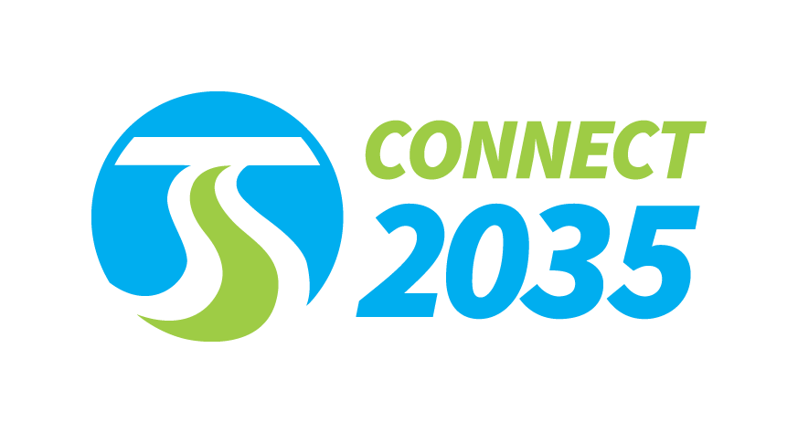The image features the logo for "CONNECT 2035." It includes a stylized blue circle with a green pathway cut through it, resembling a road, next to the text "CONNECT" in green and "2035" in blue.
