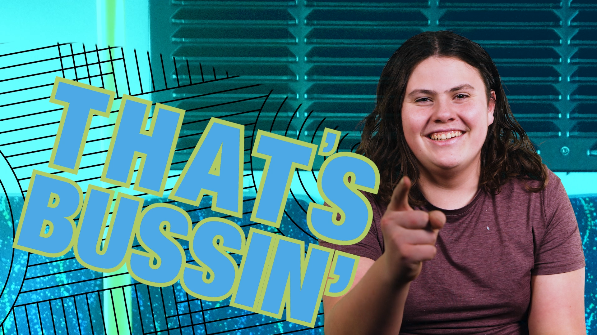 A person with long hair is smiling and pointing forward. They are dressed in a maroon shirt and seated on a patterned blue bench with a dark green background. The large text overlay reads "THAT'S BUSSIN'" in bold, blue and yellow letters with dynamic lines.