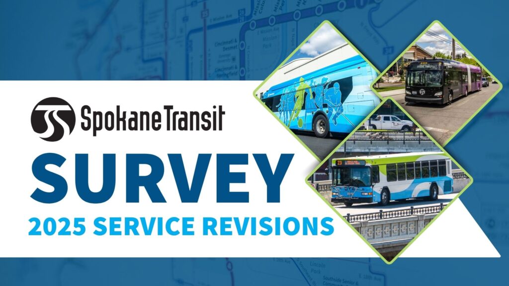 Spokane Transit 2025 service revisions survey announcement with images of buses and transit map background.