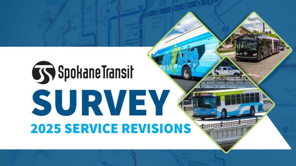 Spokane Transit survey poster for 2025 service revisions with images of buses.