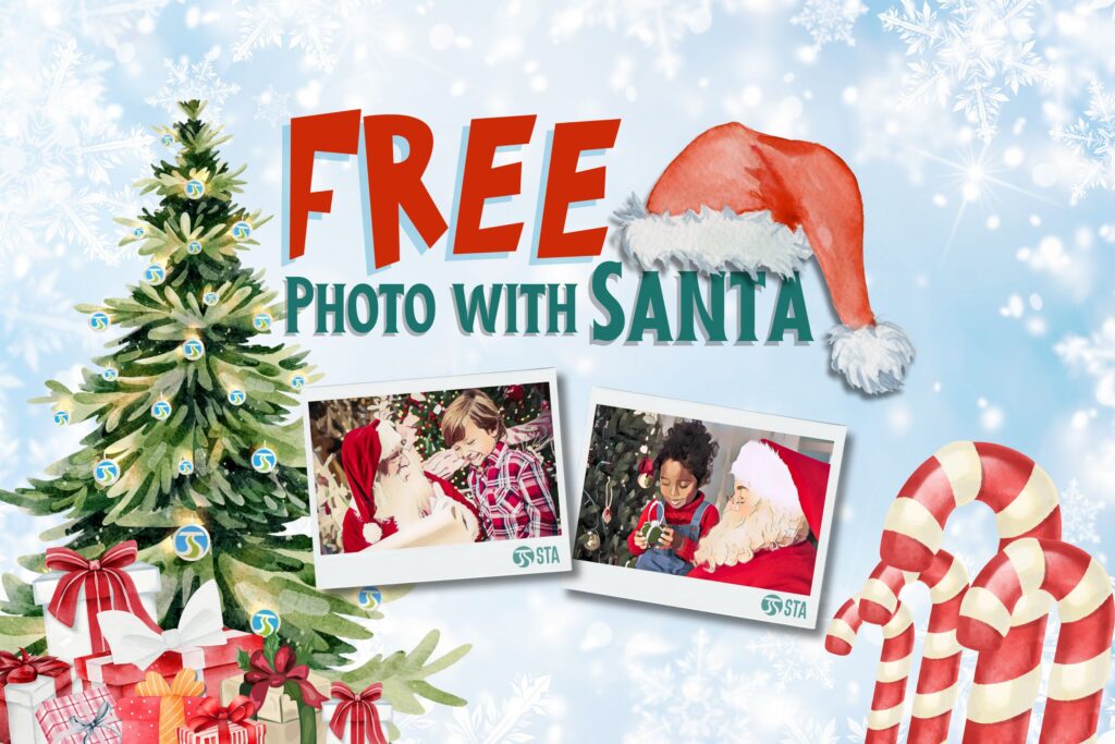 Festive advertisement with "Free Photo with Santa" text, featuring Christmas tree, gifts, and candy canes.