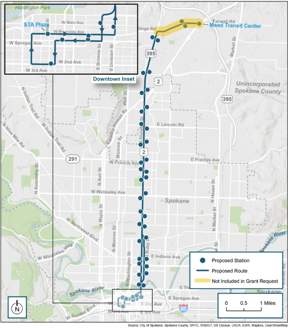 Map shows the proposed Division Street BRT route in Spokane, with stations marked in blue, including an inset for downtown details.