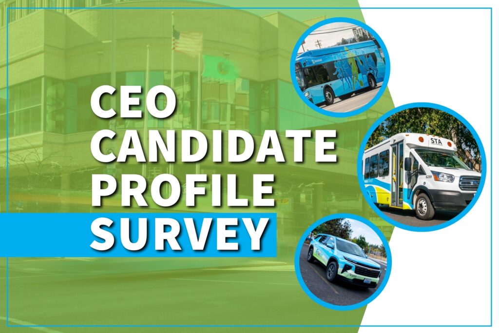 Text: "CEO Candidate Profile Survey" with images of various STA vehicles in circles.