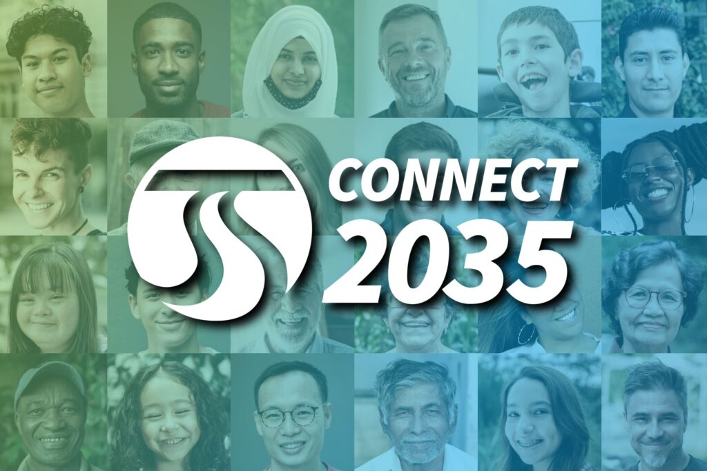 Collage of diverse smiling faces with the STA and "CONNECT 2035" logo in the center.