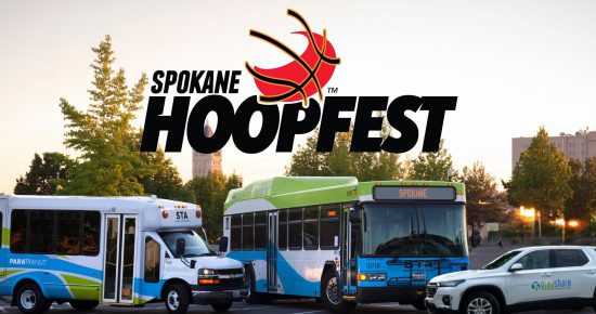 An image promoting Spokane Hoopfest, featuring a logo with a basketball hoop and backboard. In the foreground, there are a Spokane Transit Authority bus, a smaller paratransit vehicle, and a green and white VanPool car parked in an open area with trees and buildings in the background.