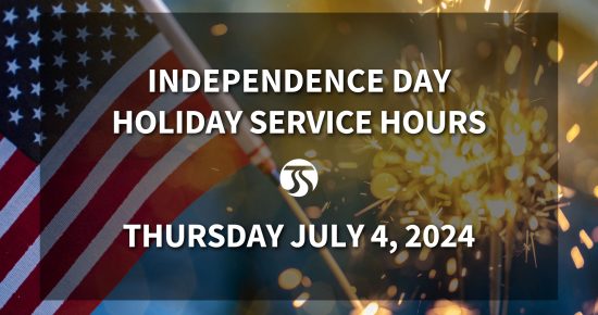 An American flag and sparkler with text: "Independence Day Holiday Service Hours, Thursday July 4, 2024.