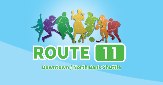 Illustration of diverse athletes above text: "ROUTE 11 Downtown / North Bank Shuttle" on a light blue background.