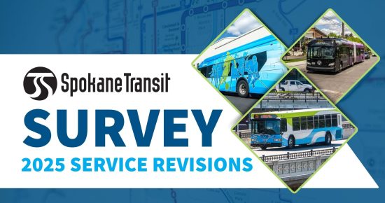 Spokane Transit 2025 service revisions survey announcement with images of buses and transit map background.