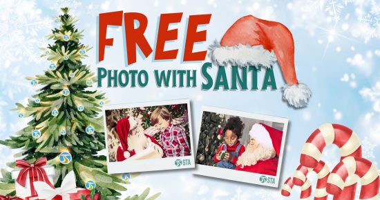 Festive advertisement with "Free Photo with Santa" text, featuring Christmas tree, gifts, and candy canes.