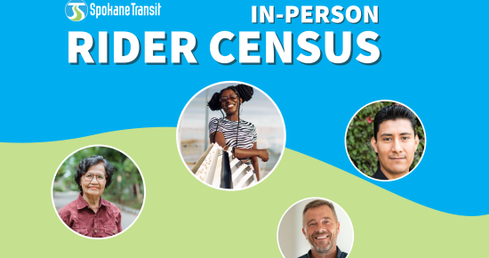 STA bus Spokane Transit Rider Census announcement with diverse people on a blue and green background.