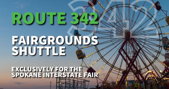 Ferris wheel at sunset with text reading "Route 342 Fairgrounds Shuttle" for the Spokane Interstate Fair.