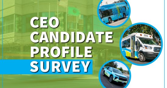 Text: "CEO Candidate Profile Survey" with images of various STA vehicles in circles.