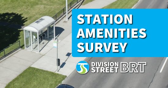 Aerial view of a bus stop with a shelter, text overlay says "Station Amenities Survey, Division Street BRT.