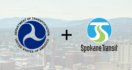 Logos of the Department of Transportation and Spokane Transit overlaid on a cityscape background.